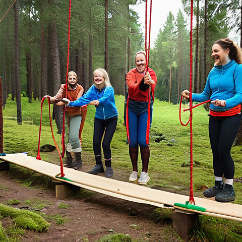 **

A vibrant outdoor teambuilding activity in a Swedish natural setting. Diverse group of people participating, smiling, and actively collaborating. Focus on teamwork and enjoyment in nature. Could include elements like ropes courses or problem-solving games in a forest or by a lake.

**
