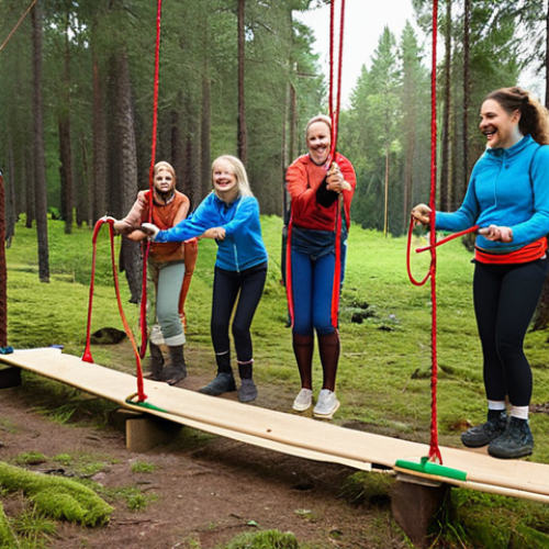 **

A vibrant outdoor teambuilding activity in a Swedish natural setting. Diverse group of people participating, smiling, and actively collaborating. Focus on teamwork and enjoyment in nature. Could include elements like ropes courses or problem-solving games in a forest or by a lake.

**