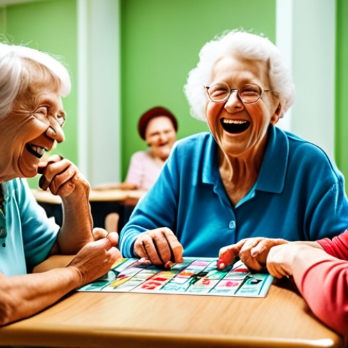 **A group of elderly people at a "bingo" game in a brightly lit community center. They are laughing and socializing, showing visible signs of joy and engagement.** *(Focus on capturing the positive emotions and social interaction.)*