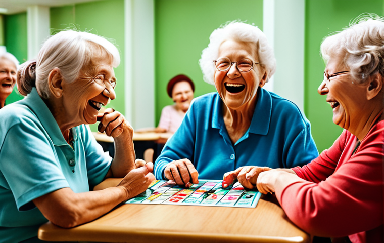 **A group of elderly people at a "bingo" game in a brightly lit community center. They are laughing and socializing, showing visible signs of joy and engagement.** *(Focus on capturing the positive emotions and social interaction.)*